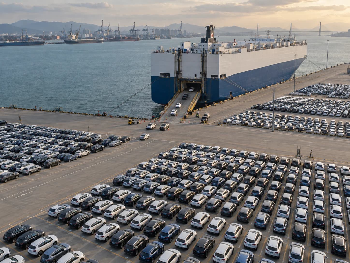 AI-generated illustration of a vehicle carrier and cars awaiting shipment at a terminal